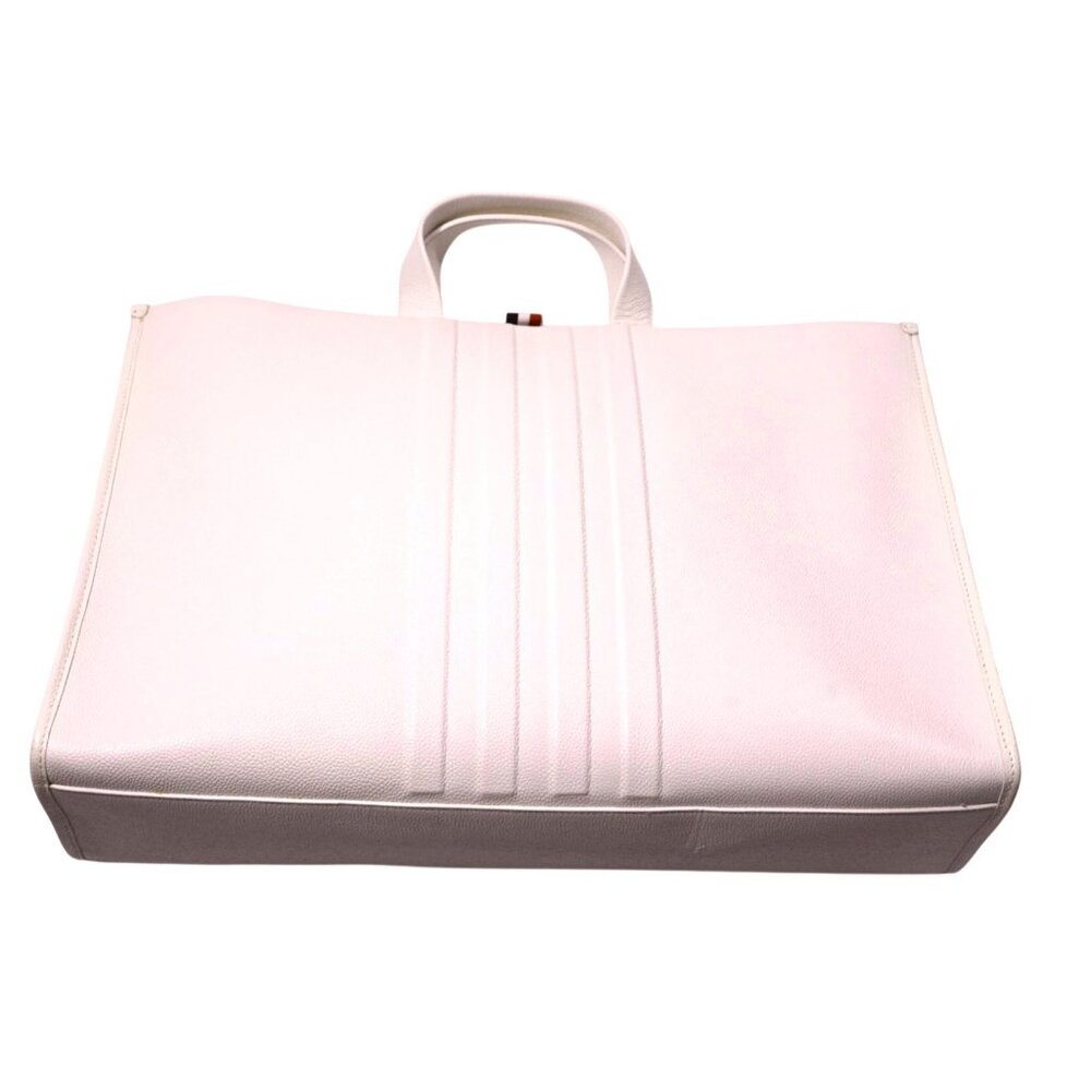 Thom Browne Square Tote w/ Debossed 4 Bar in Pebble Grain Leather White